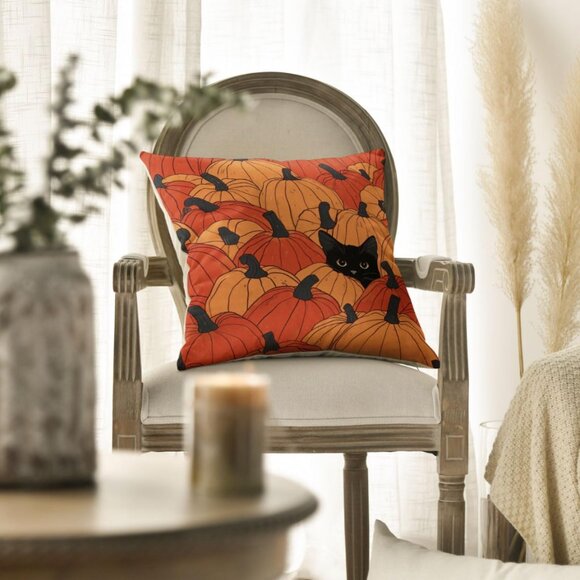 Fall Pumpkins Black Cat Throw Pillow Cover – 18"x18", Seasonal Autumn - Picture 4 of 6